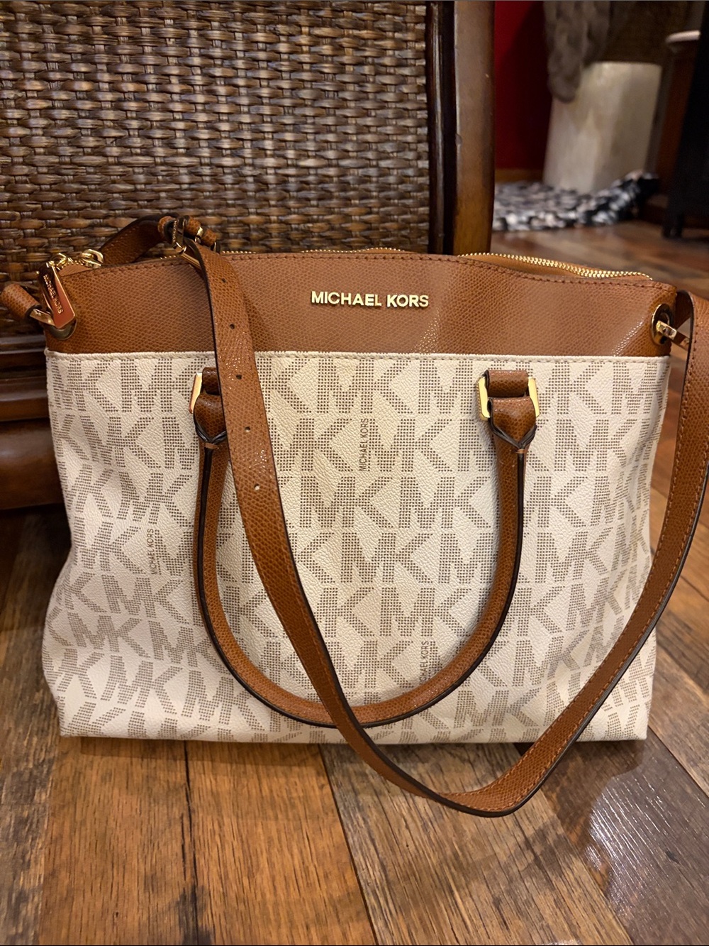 Michael Kors Tan and Beige MK Logo Tote